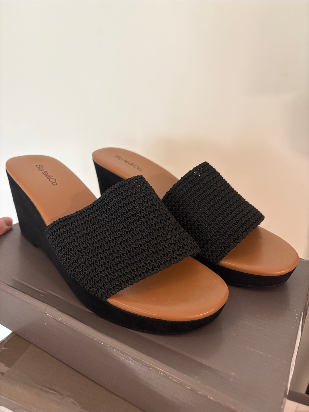 NWT Style &Co Aimeef Black knit Wedge Slide Sandals